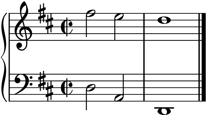 A perfect cadence in D major: chord V (A major) to chord I (D major)